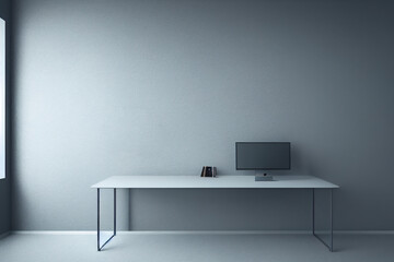 Office space with tables and chairs. Room for office workers open space. Office room for the placement of corporate attributes of the company. 3D office rendering.