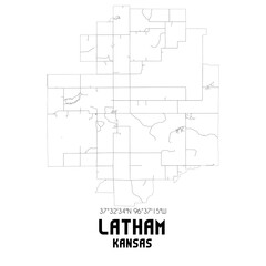 Latham Kansas. US street map with black and white lines.