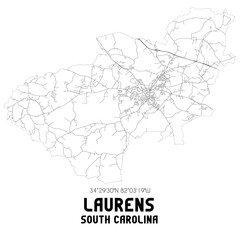Laurens South Carolina. US street map with black and white lines.