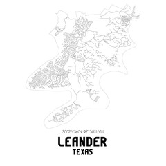 Leander Texas. US street map with black and white lines.