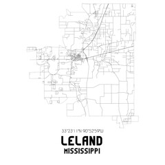 Leland Mississippi. US street map with black and white lines.