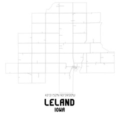 Leland Iowa. US street map with black and white lines.