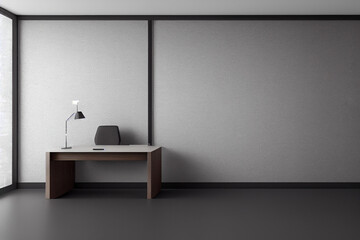 Empty office room with a mock white wall for your logo. Office room with a floor wall, to place the corporate attributes of the company. 3D Office Rendering