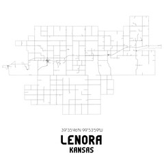 Lenora Kansas. US street map with black and white lines.