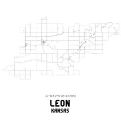 Leon Kansas. US street map with black and white lines.