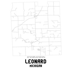 Leonard Michigan. US street map with black and white lines.