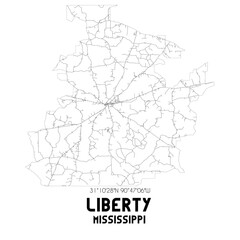 Liberty Mississippi. US street map with black and white lines.