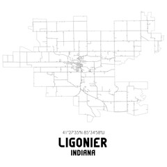 Fototapeta na wymiar Ligonier Indiana. US street map with black and white lines.