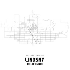 Lindsay California. US street map with black and white lines.
