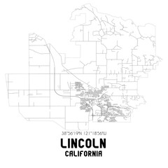 Lincoln California. US street map with black and white lines.
