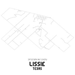Lissie Texas. US street map with black and white lines.