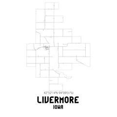 Livermore Iowa. US street map with black and white lines.