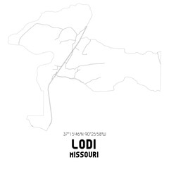 Lodi Missouri. US street map with black and white lines.