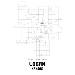 Logan Kansas. US street map with black and white lines.