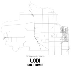 Lodi California. US street map with black and white lines.