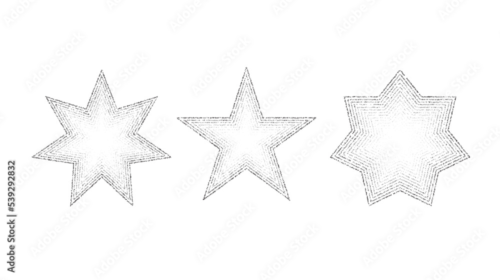 Poster dotted grain stars set. black stippled shapes collection. various noise textured asterisks. differen