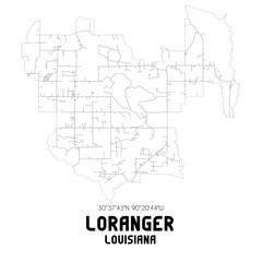 Fototapeta na wymiar Loranger Louisiana. US street map with black and white lines.