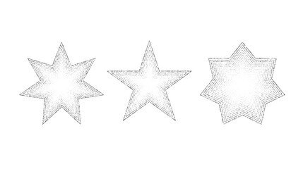 Dotted grain stars set. Black stippled shapes collection. Various noise textured asterisks. Different halftone dot work stellar forms. Vector stochastic