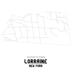 Lorraine New York. US street map with black and white lines.