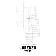 Lorenzo Texas. US street map with black and white lines.