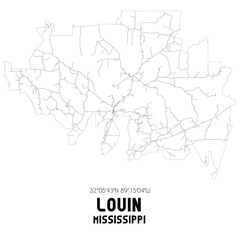 Louin Mississippi. US street map with black and white lines.