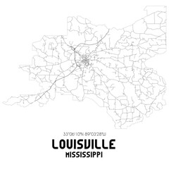 Louisville Mississippi. US street map with black and white lines.