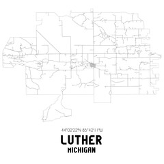 Luther Michigan. US street map with black and white lines.