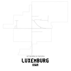 Luxemburg Iowa. US street map with black and white lines.