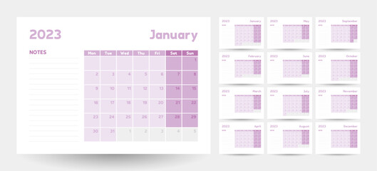 Monthly calendar template for 2023 year, wall calendar in a minimalist style with pastel purple colours