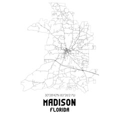 Madison Florida. US street map with black and white lines.