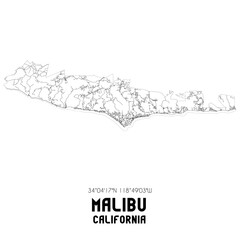 Malibu California. US street map with black and white lines.
