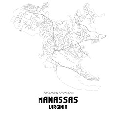 Manassas Virginia. US street map with black and white lines.