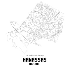 Manassas Virginia. US street map with black and white lines.