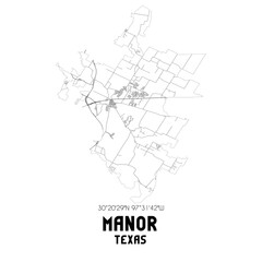 Manor Texas. US street map with black and white lines.