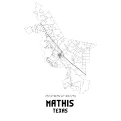 Mathis Texas. US street map with black and white lines.