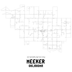 Meeker Oklahoma. US street map with black and white lines.