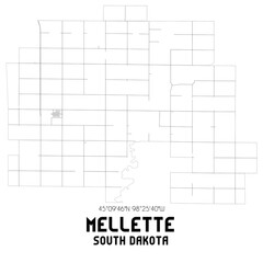 Mellette South Dakota. US street map with black and white lines.