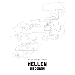 Mellen Wisconsin. US street map with black and white lines.