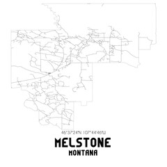 Melstone Montana. US street map with black and white lines.