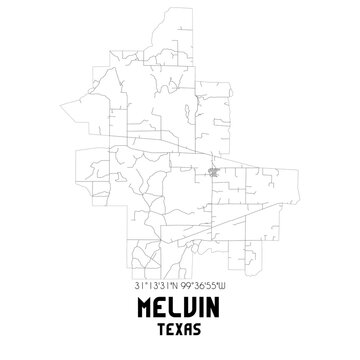 Melvin Texas. US street map with black and white lines.