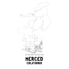 Merced California. US street map with black and white lines.