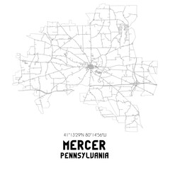 Mercer Pennsylvania. US street map with black and white lines.