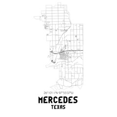 Mercedes Texas. US street map with black and white lines.