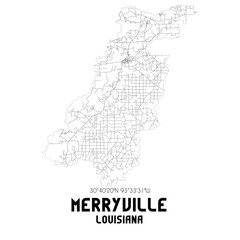 Merryville Louisiana. US street map with black and white lines.