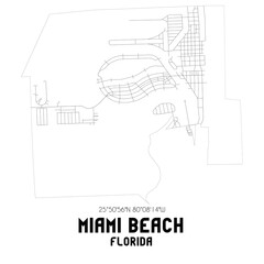 Miami Beach Florida. US street map with black and white lines.