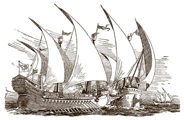 Antique Venetian galley ramming enemy ship - obrazy, fototapety, plakaty