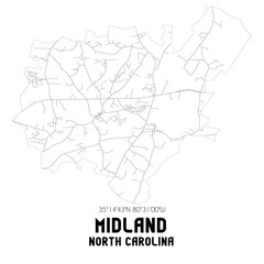 Midland North Carolina. US street map with black and white lines.