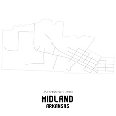 Midland Arkansas. US street map with black and white lines.