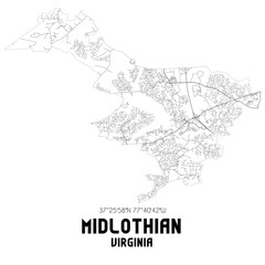 Midlothian Virginia. US street map with black and white lines.