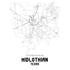 Midlothian Texas. US street map with black and white lines.
